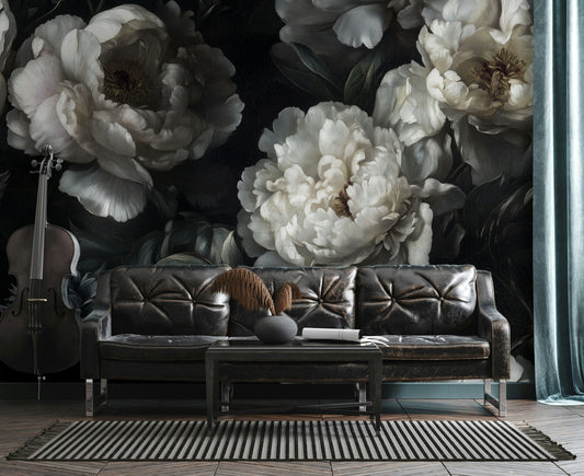 White Peony Wallpaper Dark Floral Botanical Wall Mural