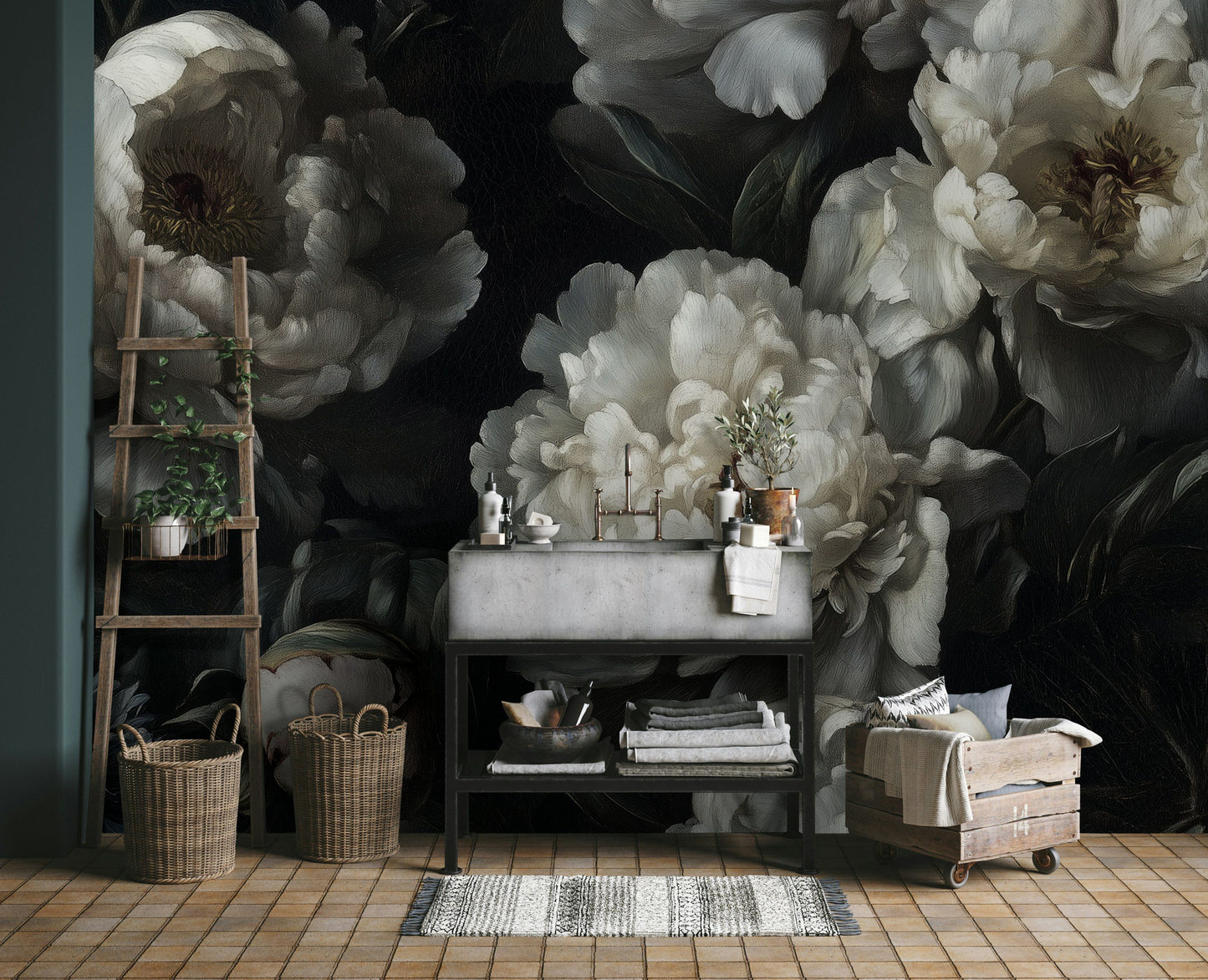 White Peony Wallpaper Dark Floral Botanical Wall Mural