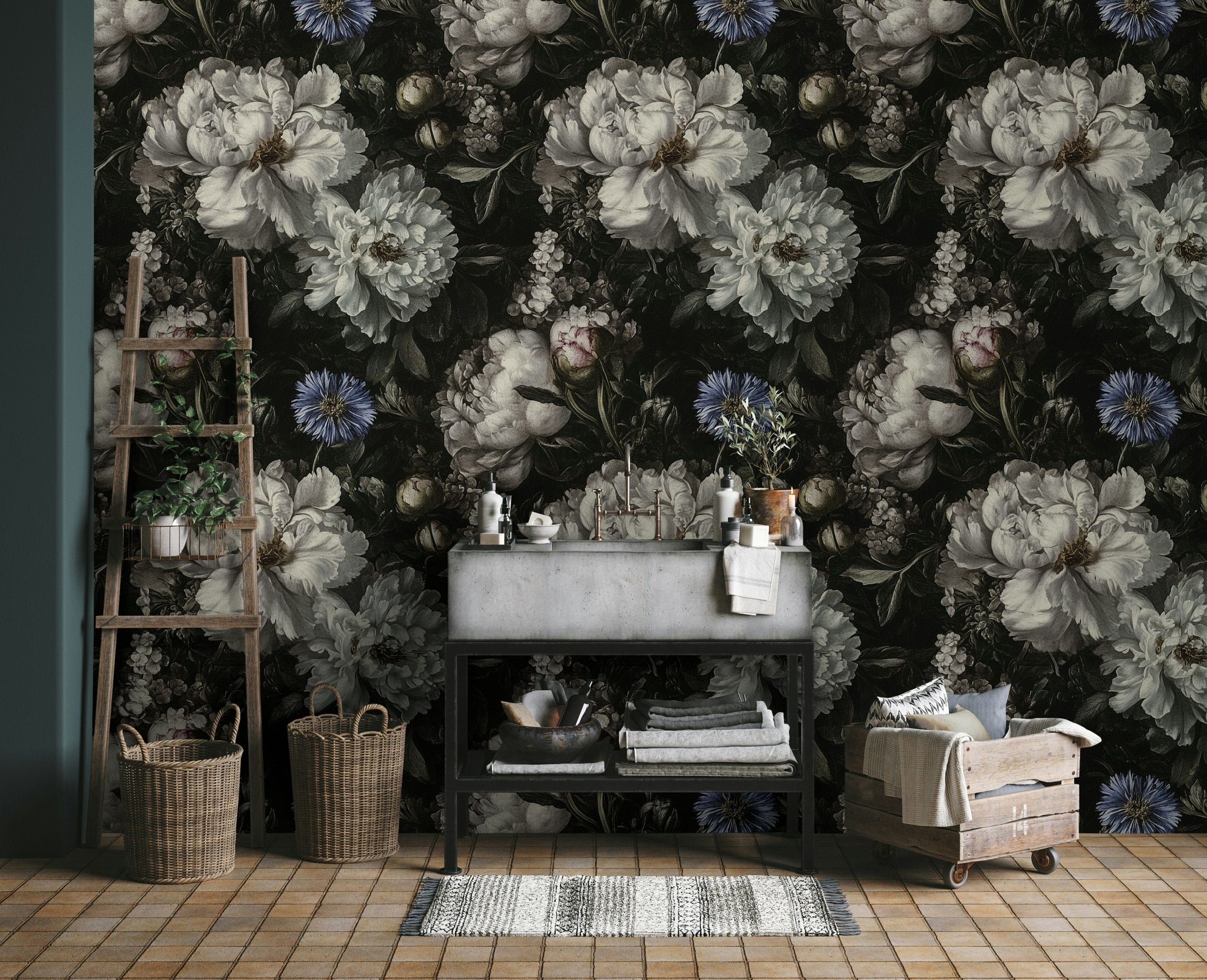 Dark Vintage Black and White Floral Wallpaper
