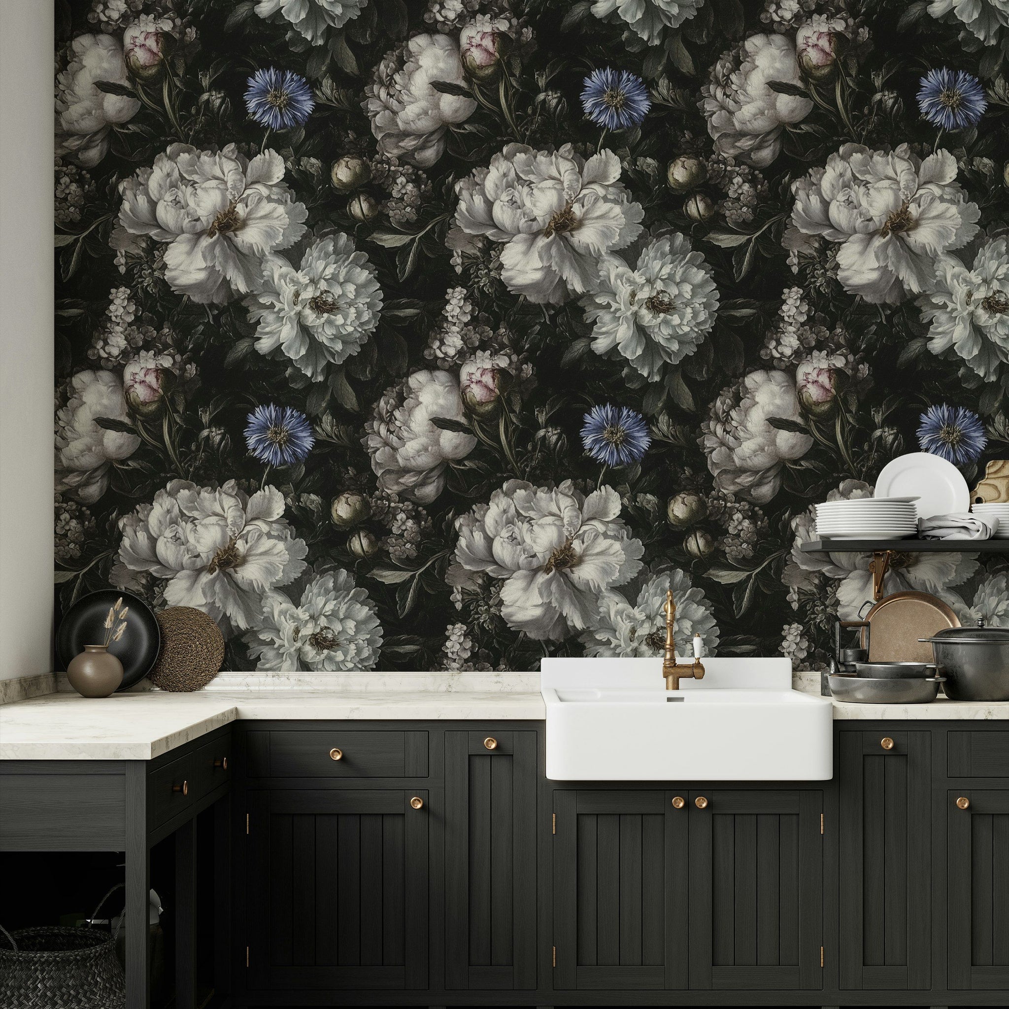 Dark Vintage Black and White Floral Wallpaper