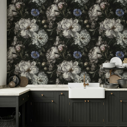 Dark Vintage Black and White Floral Wallpaper