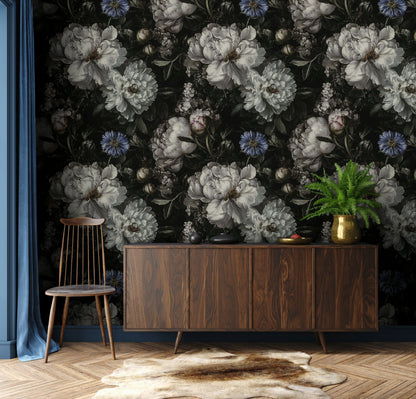 Dark Vintage Black and White Floral Wallpaper