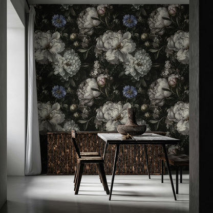Dark Vintage Black and White Floral Wallpaper