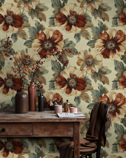 Warm Beige and Brown Large Floral Wallpaper
