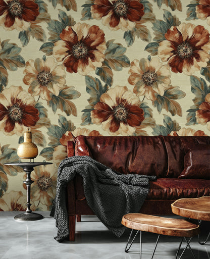 Warm Beige and Brown Large Floral Wallpaper