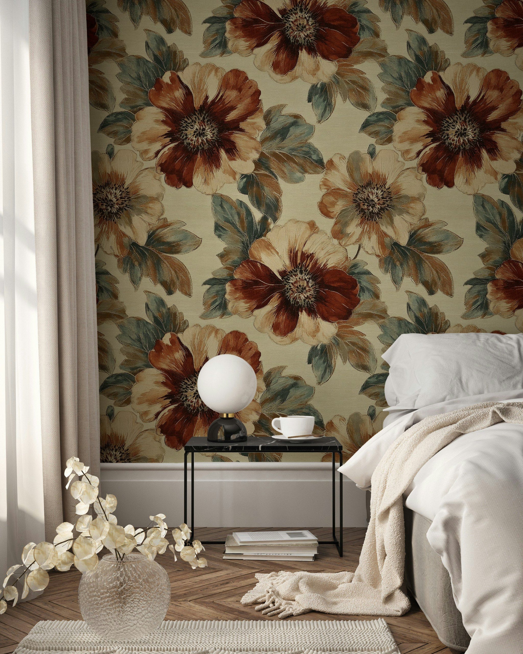 Warm Beige and Brown Large Floral Wallpaper