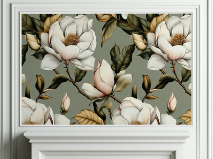Neutral Green and White Magnolia Floral Wallpaper