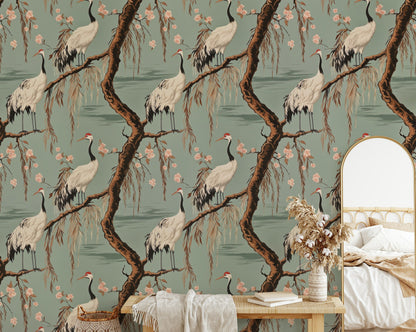 Sage Green Chinoiserie Crane and Cherry Blossom Wallpaper