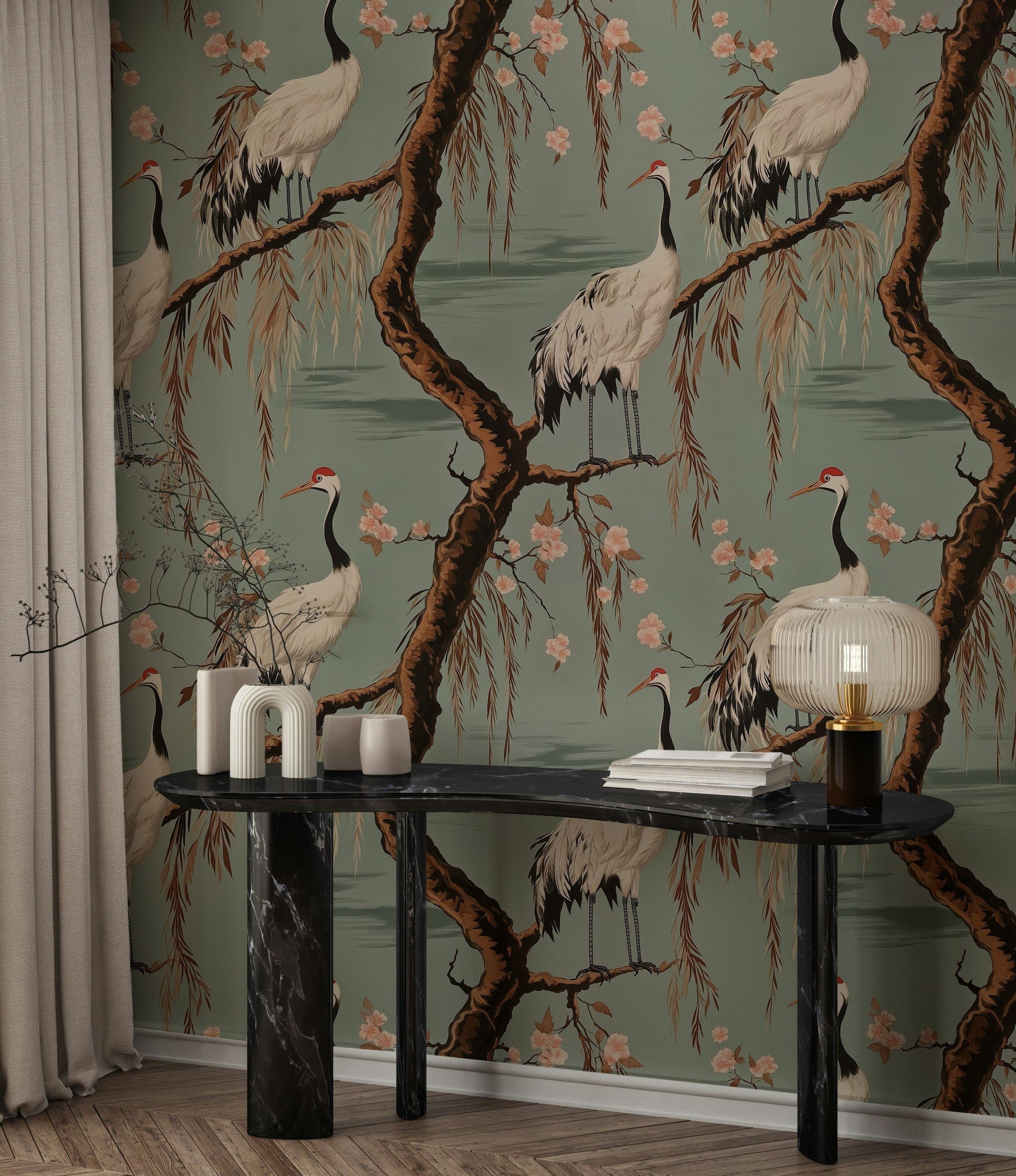 Sage Green Chinoiserie Crane and Cherry Blossom Wallpaper