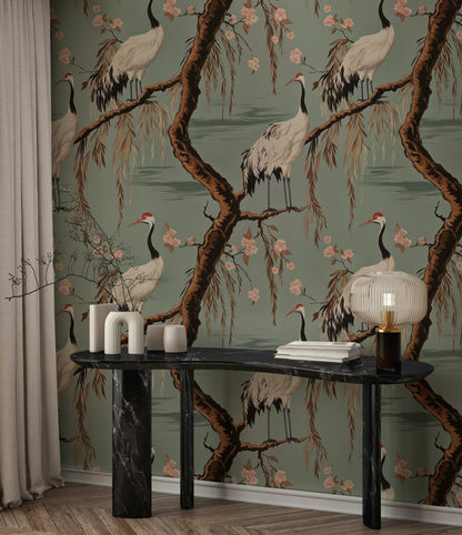 Sage Green Chinoiserie Crane and Cherry Blossom Wallpaper