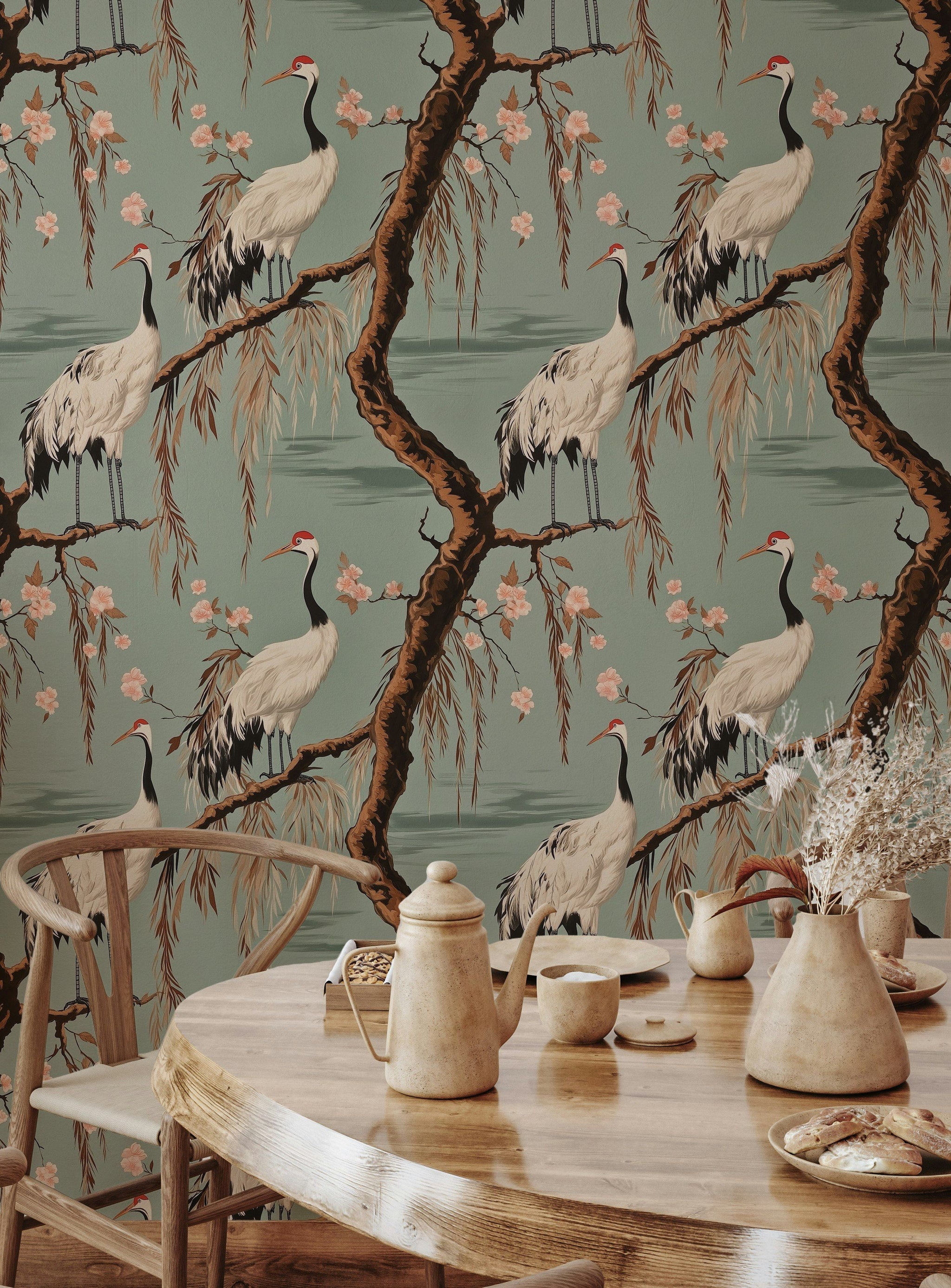 Sage Green Chinoiserie Crane and Cherry Blossom Wallpaper