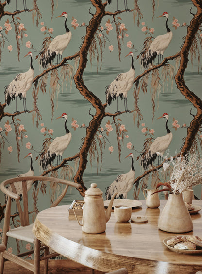 Sage Green Chinoiserie Crane and Cherry Blossom Wallpaper