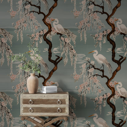 Muted Teal Chinoiserie Bird and Blossom Wallpaper