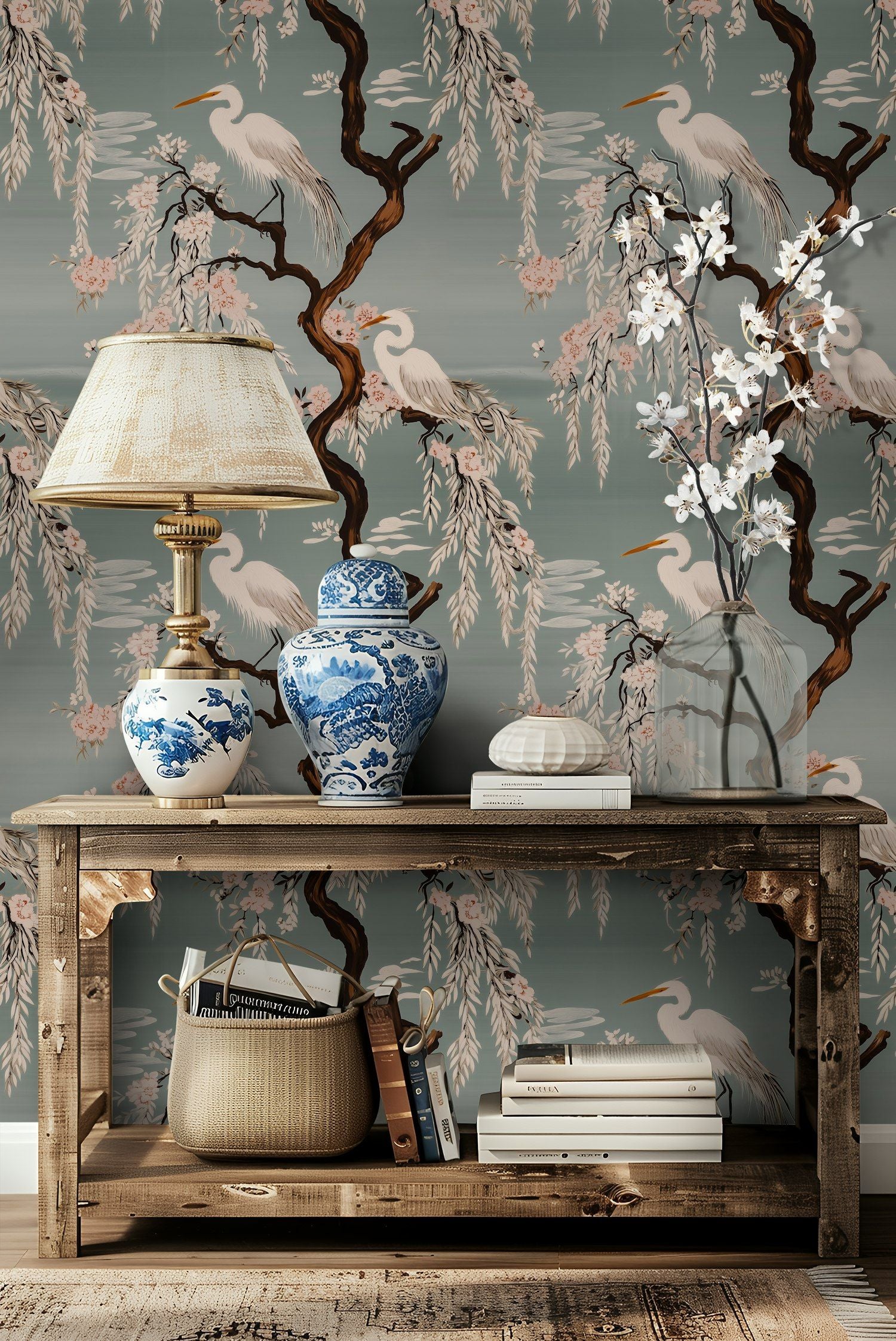Muted Teal Chinoiserie Bird and Blossom Wallpaper