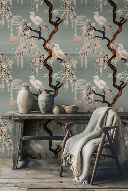 Muted Teal Chinoiserie Bird and Blossom Wallpaper