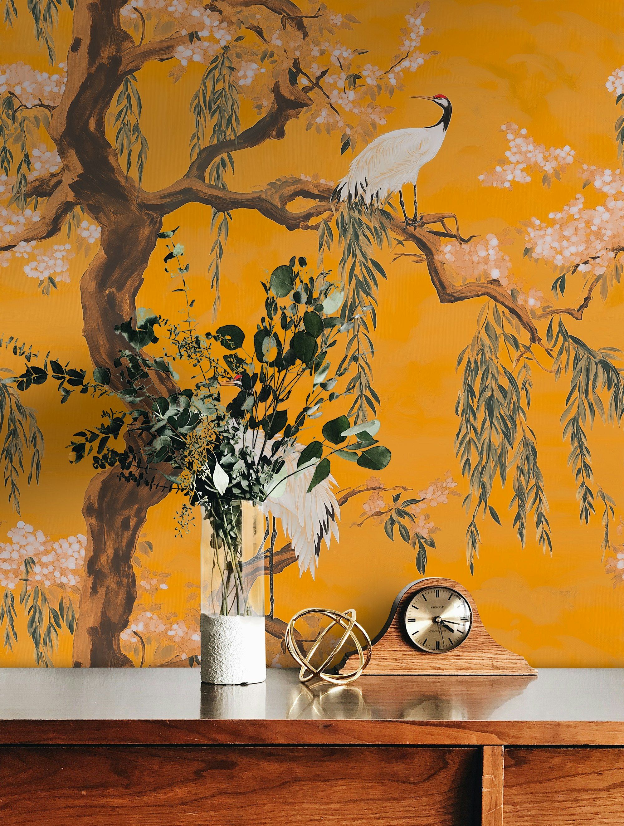 Vibrant Orange Crane and Cherry Blossom Wallpaper