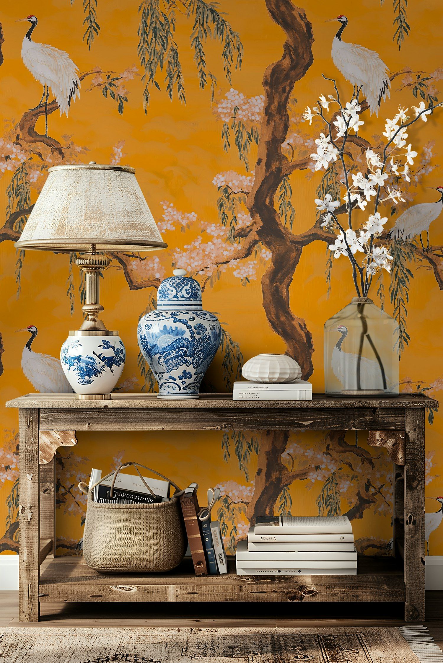 Vibrant Orange Crane and Cherry Blossom Wallpaper
