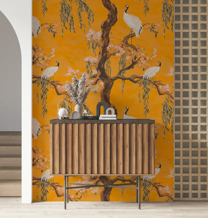 Vibrant Orange Crane and Cherry Blossom Wallpaper