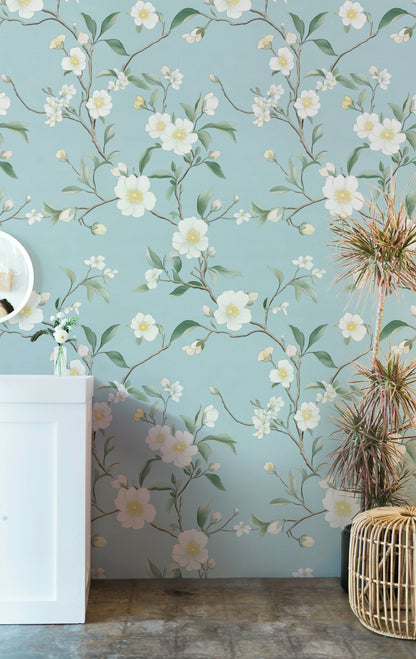 Light Blue Cherry Blossom Floral Wallpaper
