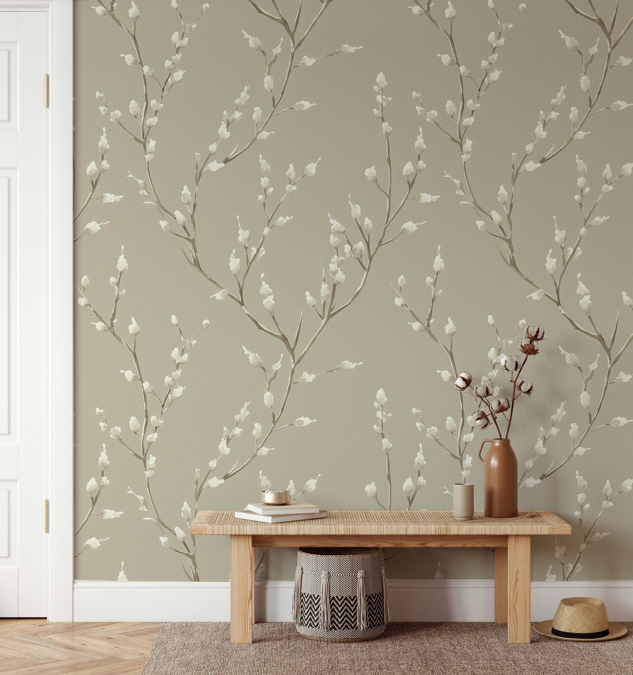 Beige and White Cherry Blossom Floral Wallpaper
