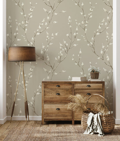 Beige and White Cherry Blossom Floral Wallpaper