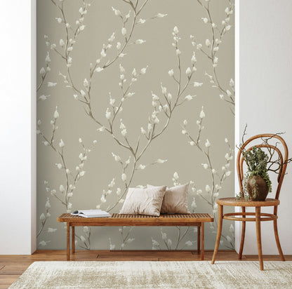 Beige and White Cherry Blossom Floral Wallpaper