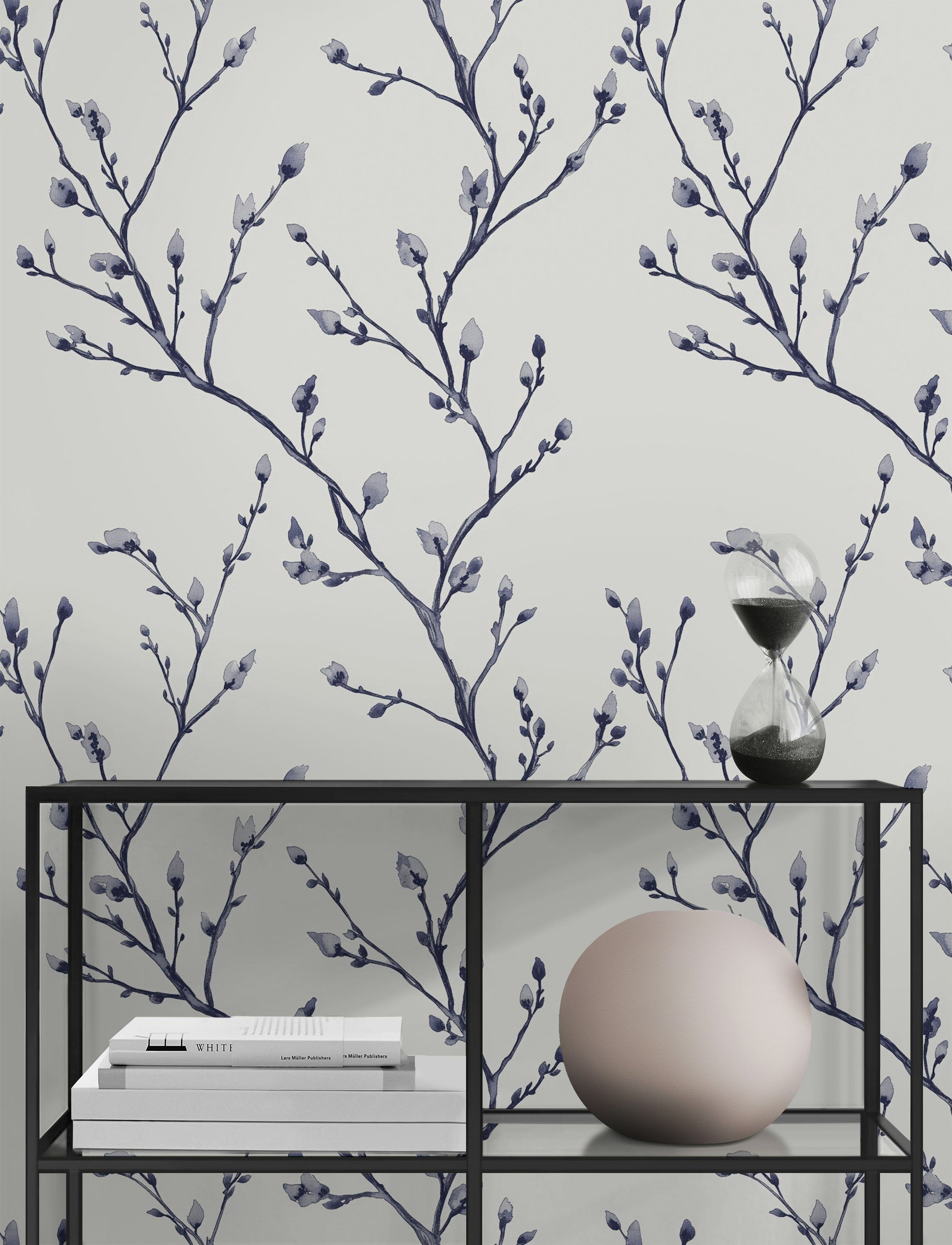 White and Navy Blue Branch Botanical Wallpaper