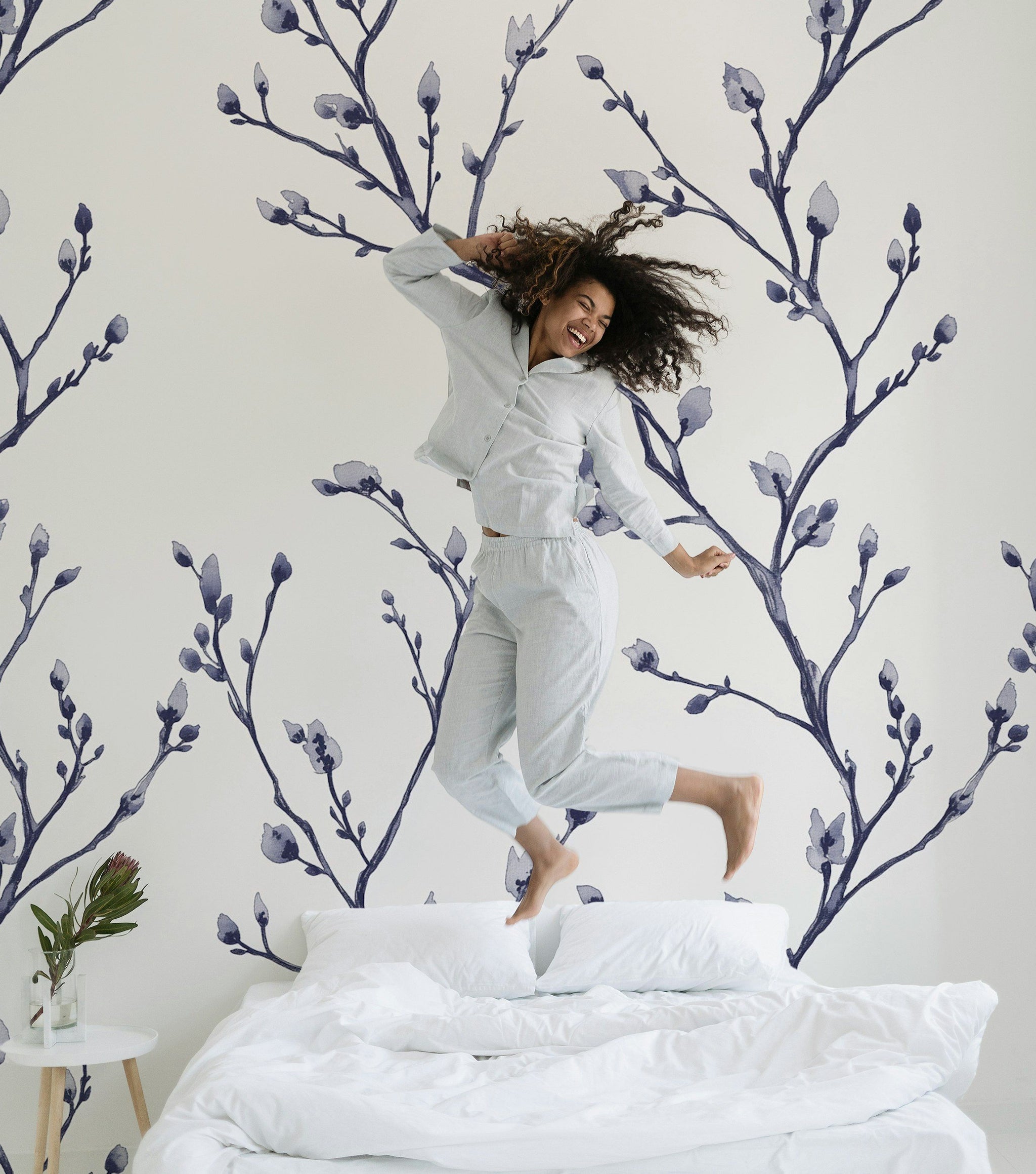 White and Navy Blue Branch Botanical Wallpaper