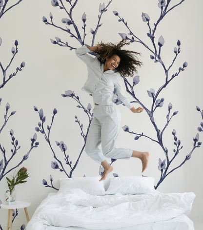 White and Navy Blue Branch Botanical Wallpaper
