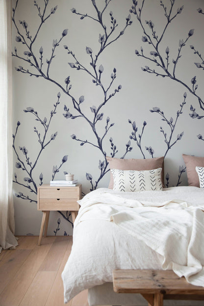 White and Navy Blue Branch Botanical Wallpaper