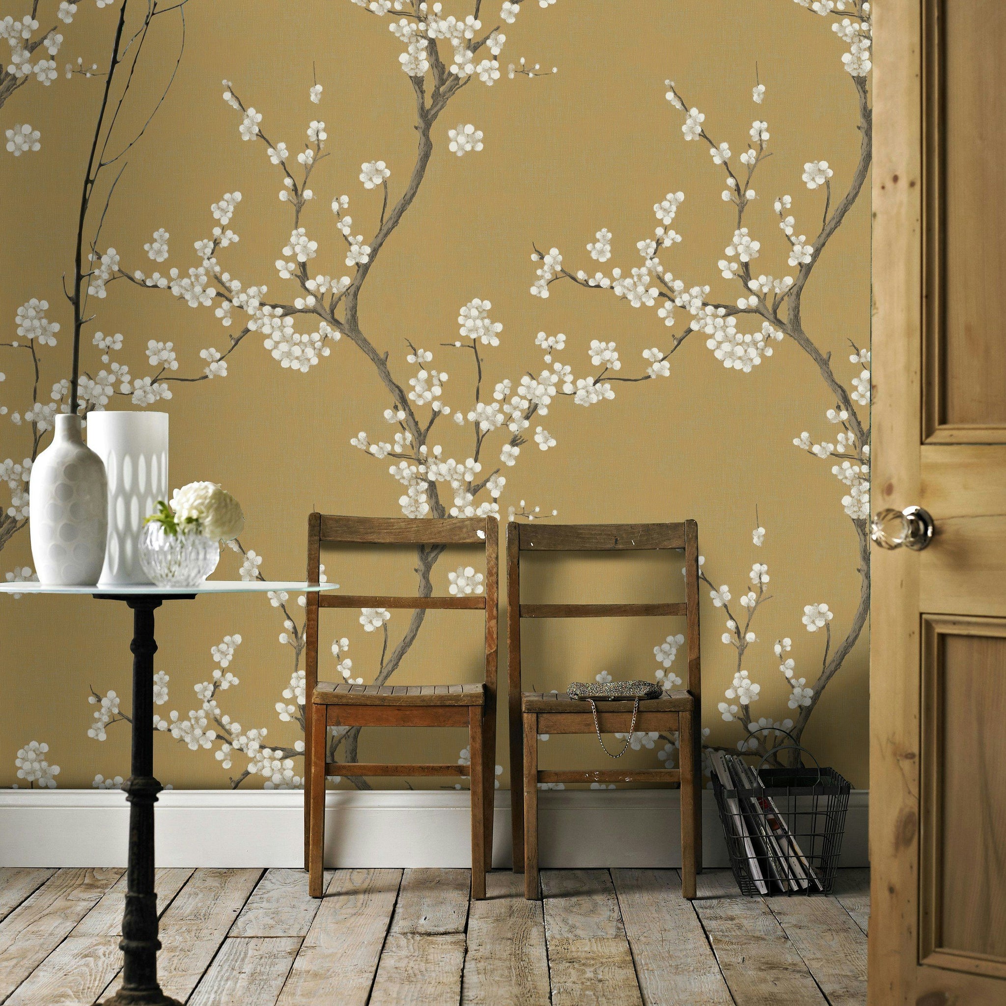 Beige Cherry Blossom Chinoiserie Wallpaper