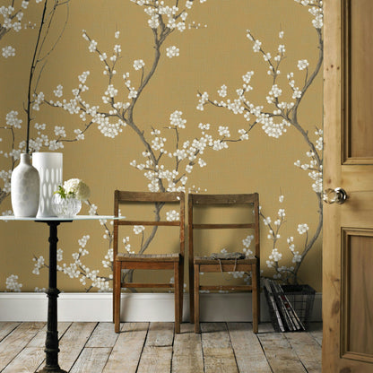 Beige Cherry Blossom Chinoiserie Wallpaper