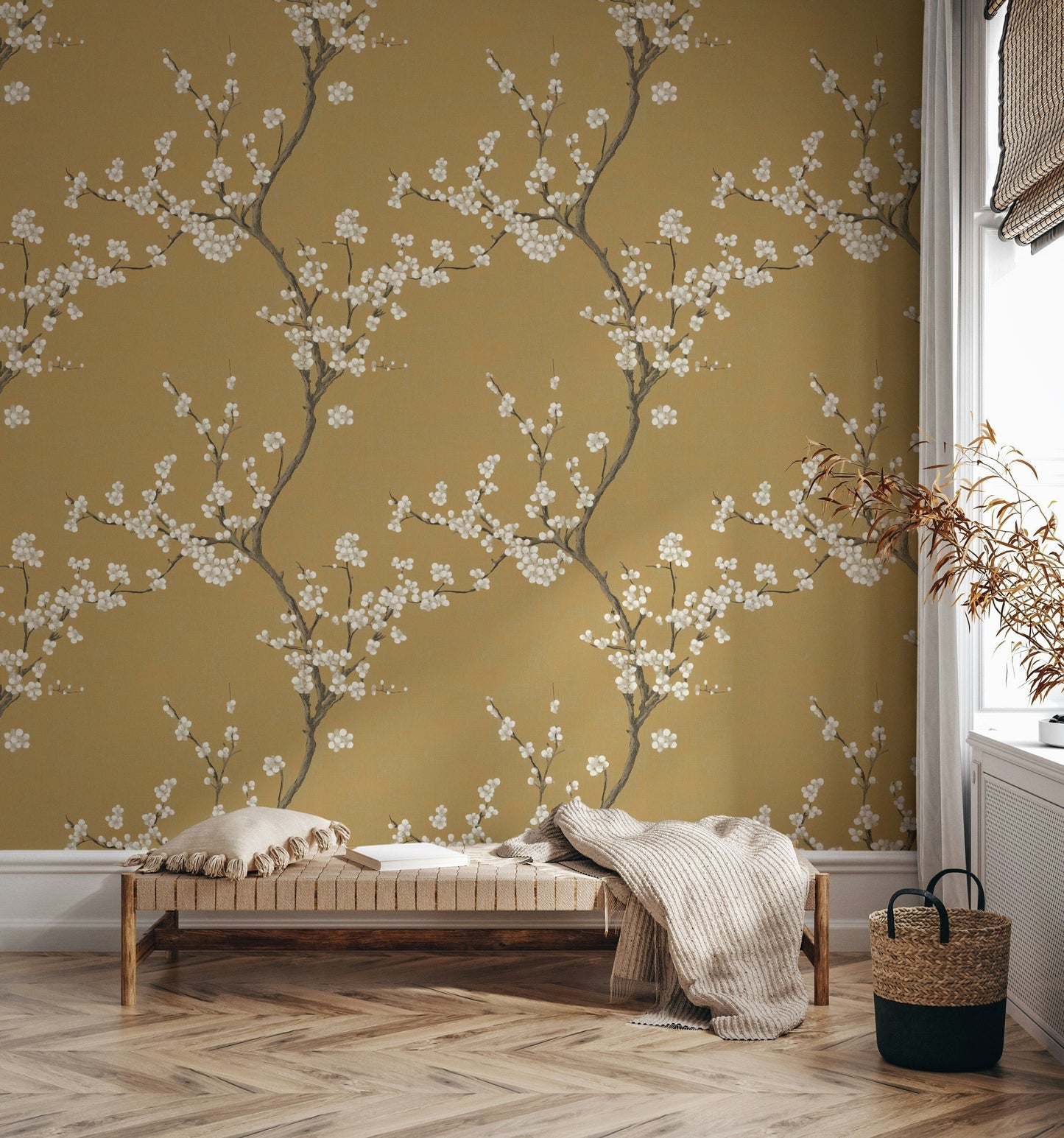 Elegant Chinoiserie-Inspired Wallpaper Branches on Mustard