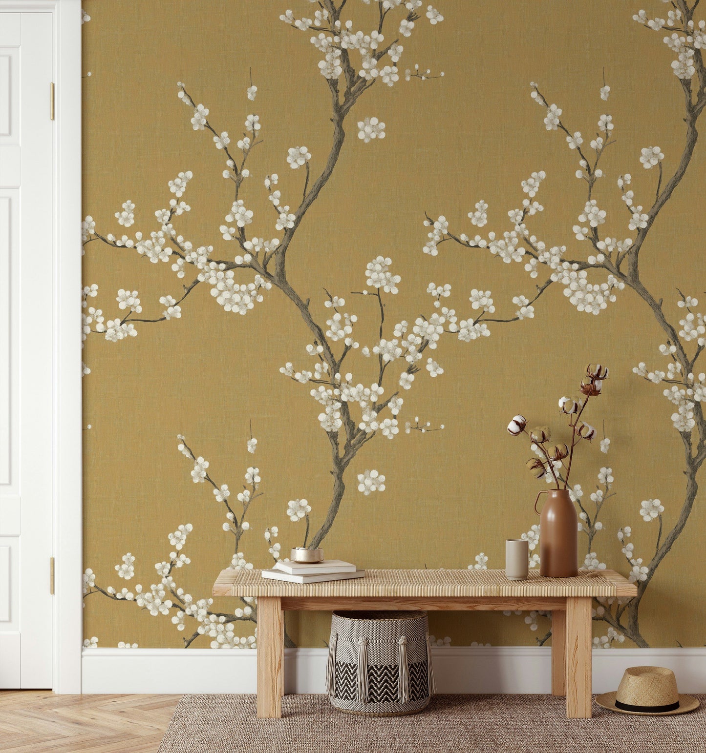Elegant Chinoiserie-Inspired Wallpaper Branches on Mustard