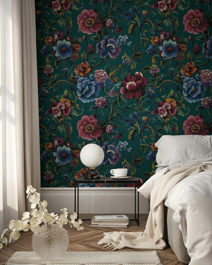 Dark Teal Multicolor Floral Pattern Wallpaper