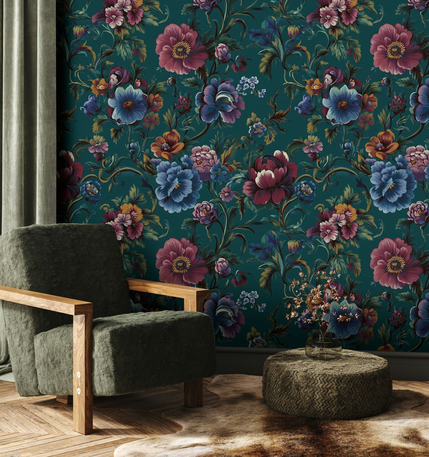 Emerald Ornate Floral Wallpaper Botanical on Teal Background