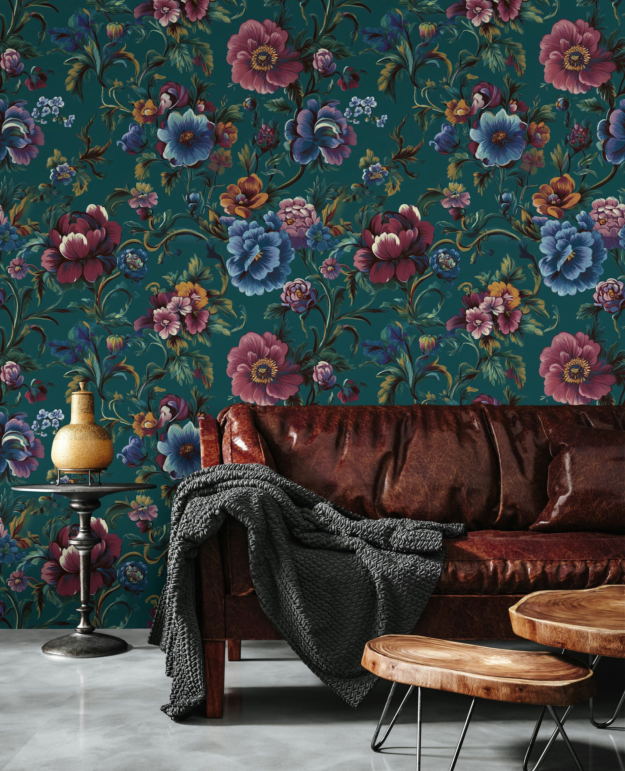 Dark Teal Multicolor Floral Pattern Wallpaper