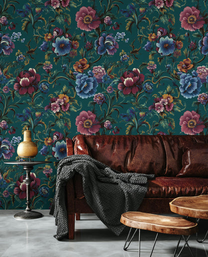Dark Teal Multicolor Floral Pattern Wallpaper