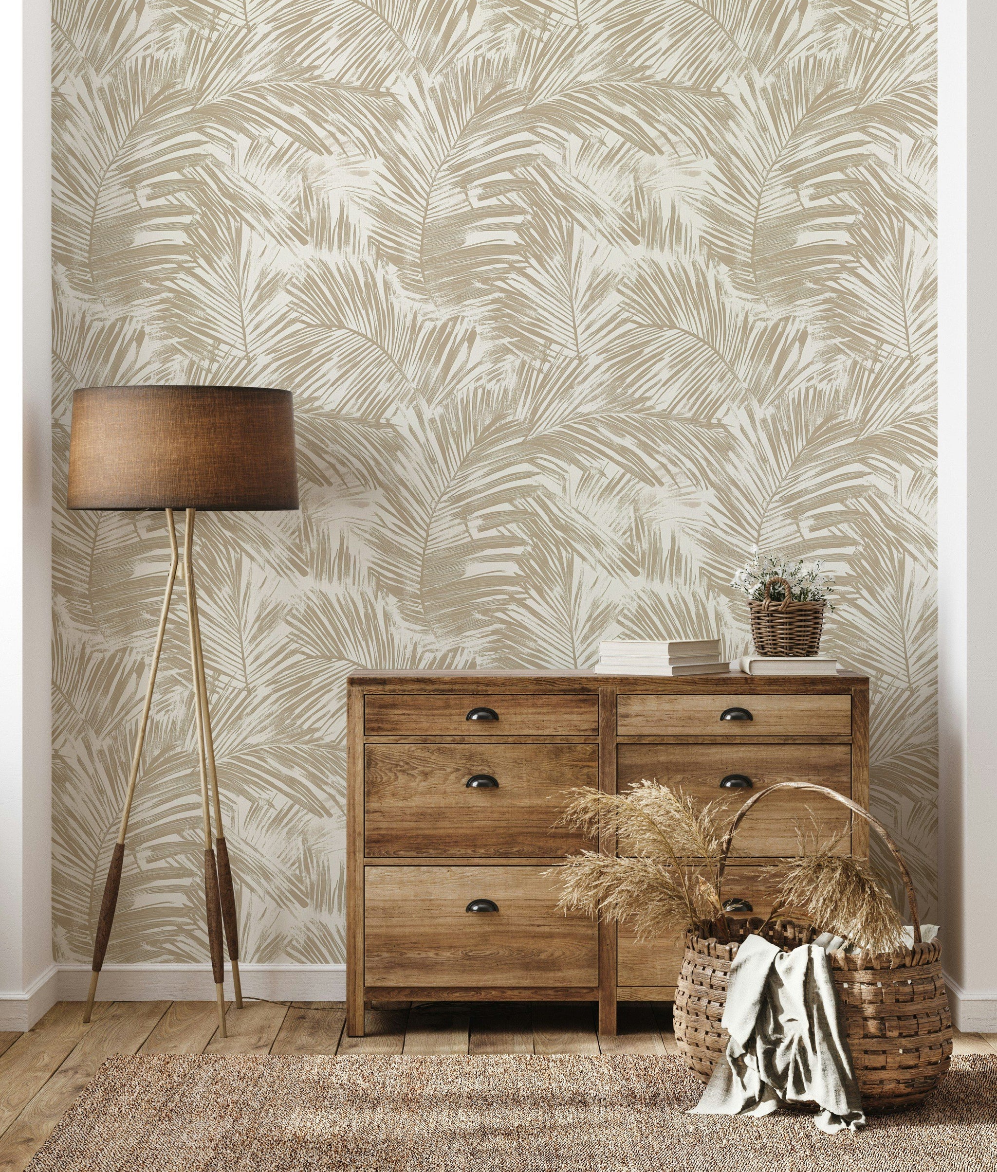 Beige and Cream Palm Leaf Botanical Wallpaper