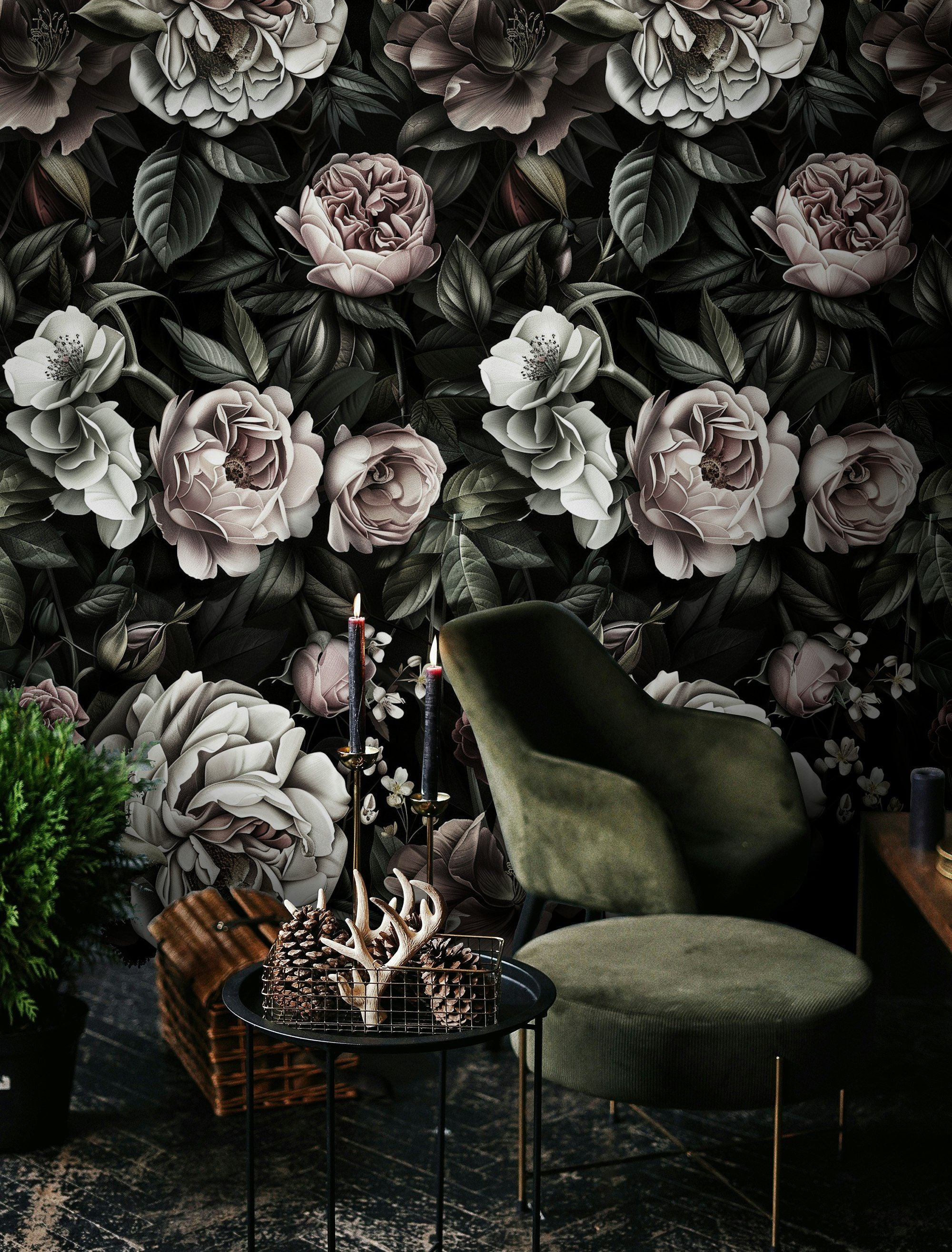 Dark Charcoal Elegance Rose Floral Wallpaper