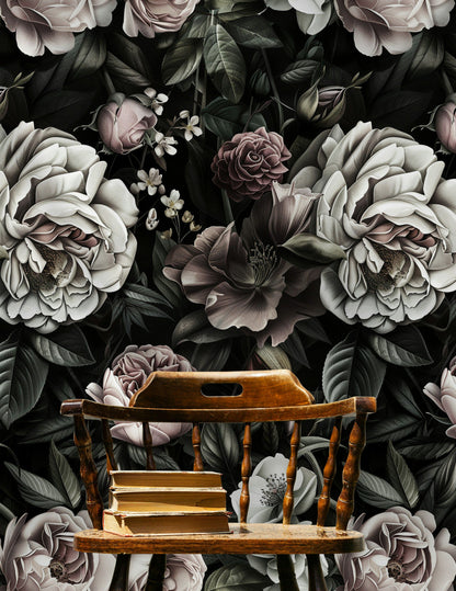 Dark Charcoal Elegance Rose Floral Wallpaper