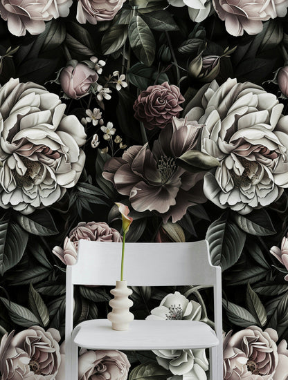 Dark Charcoal Elegance Rose Floral Wallpaper