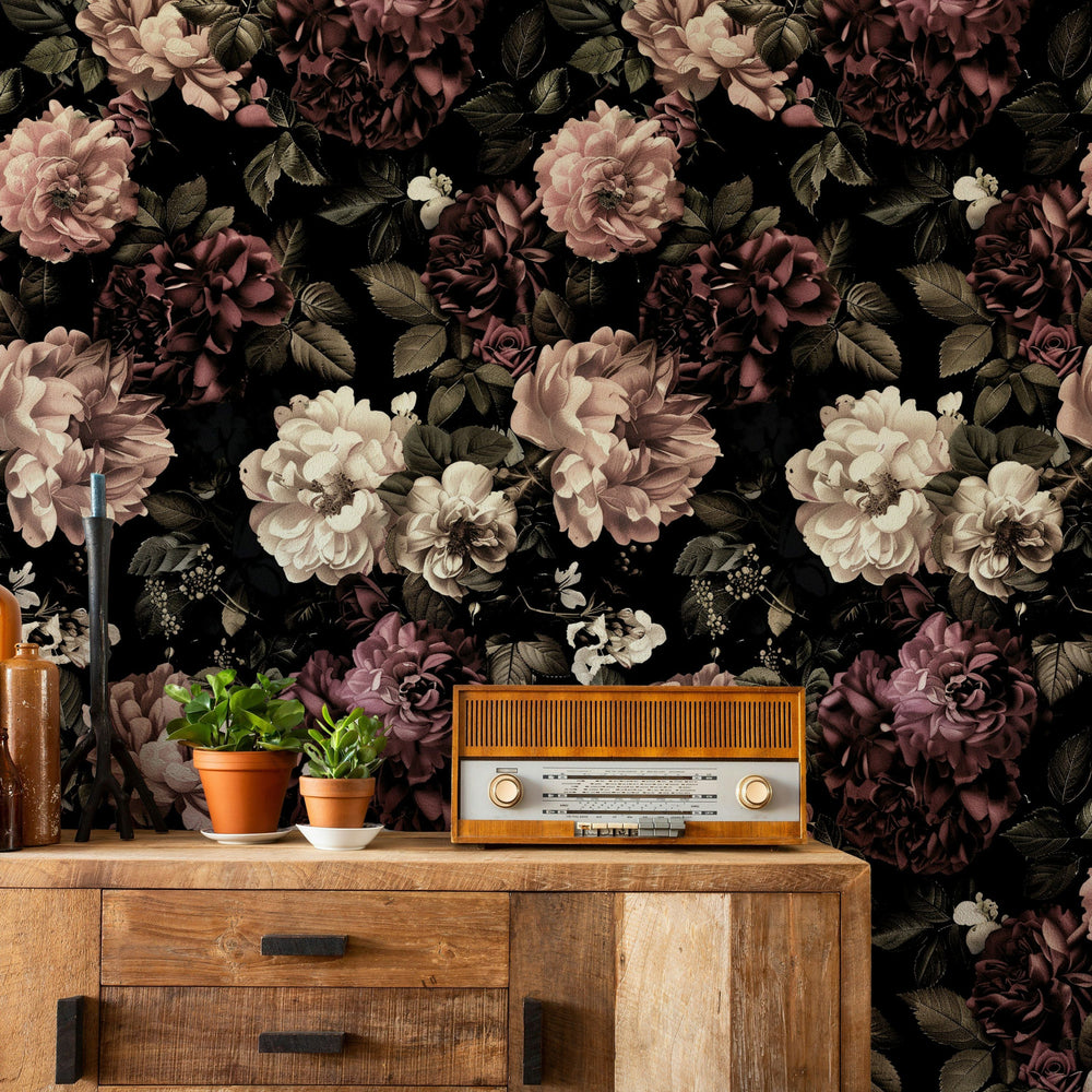 Dusky Pink and Ivory Rose Floral Wallpaper