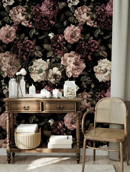 Dusky Pink and Ivory Rose Floral Wallpaper