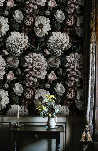 Dark Elegance Cream Rose Floral Wallpaper