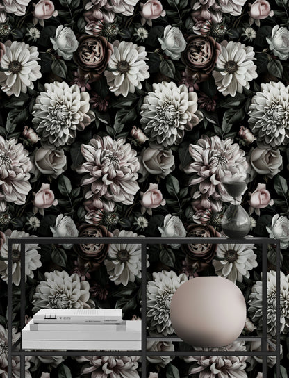 Dark Elegance Cream Rose Floral Wallpaper