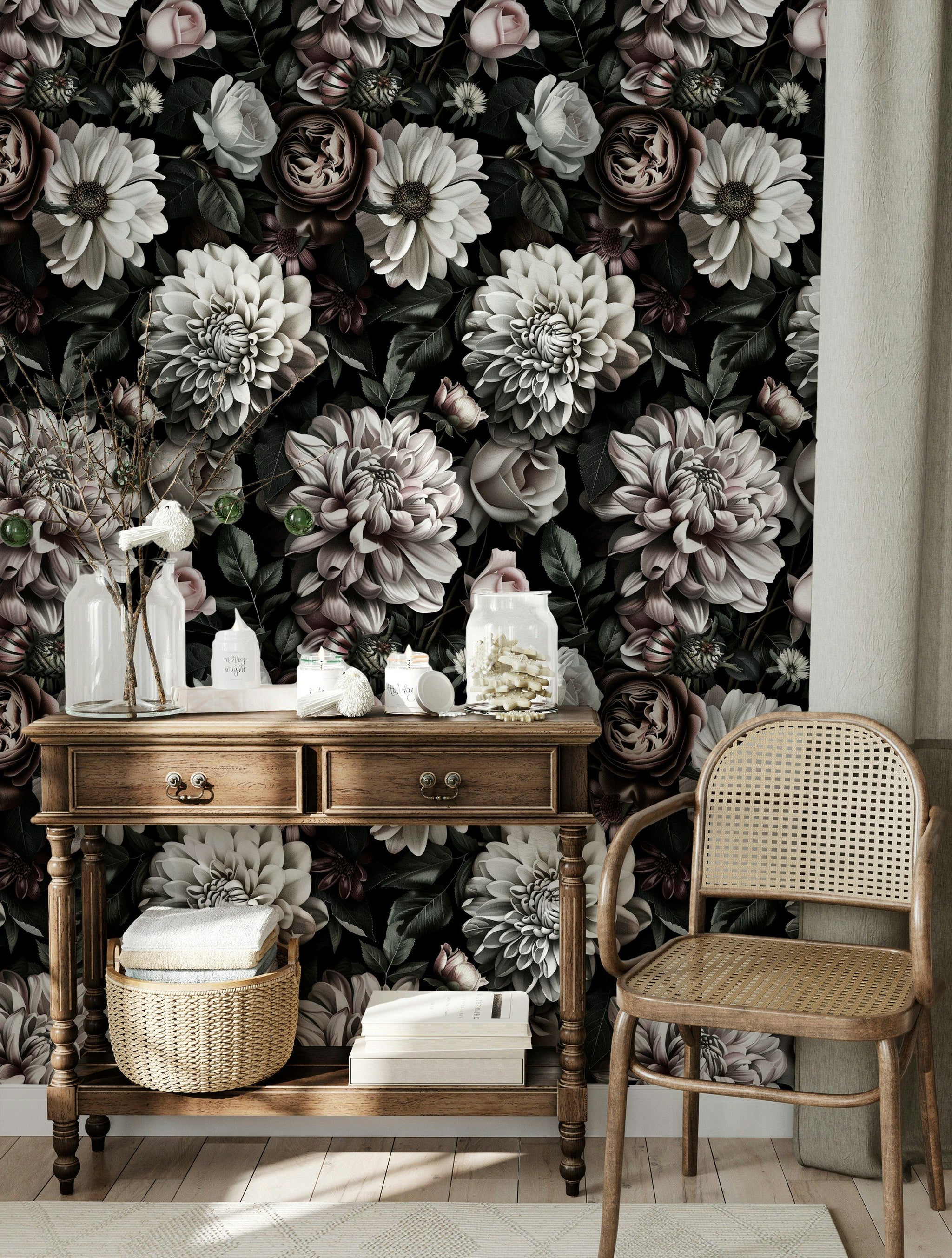 Dark Elegance Cream Rose Floral Wallpaper