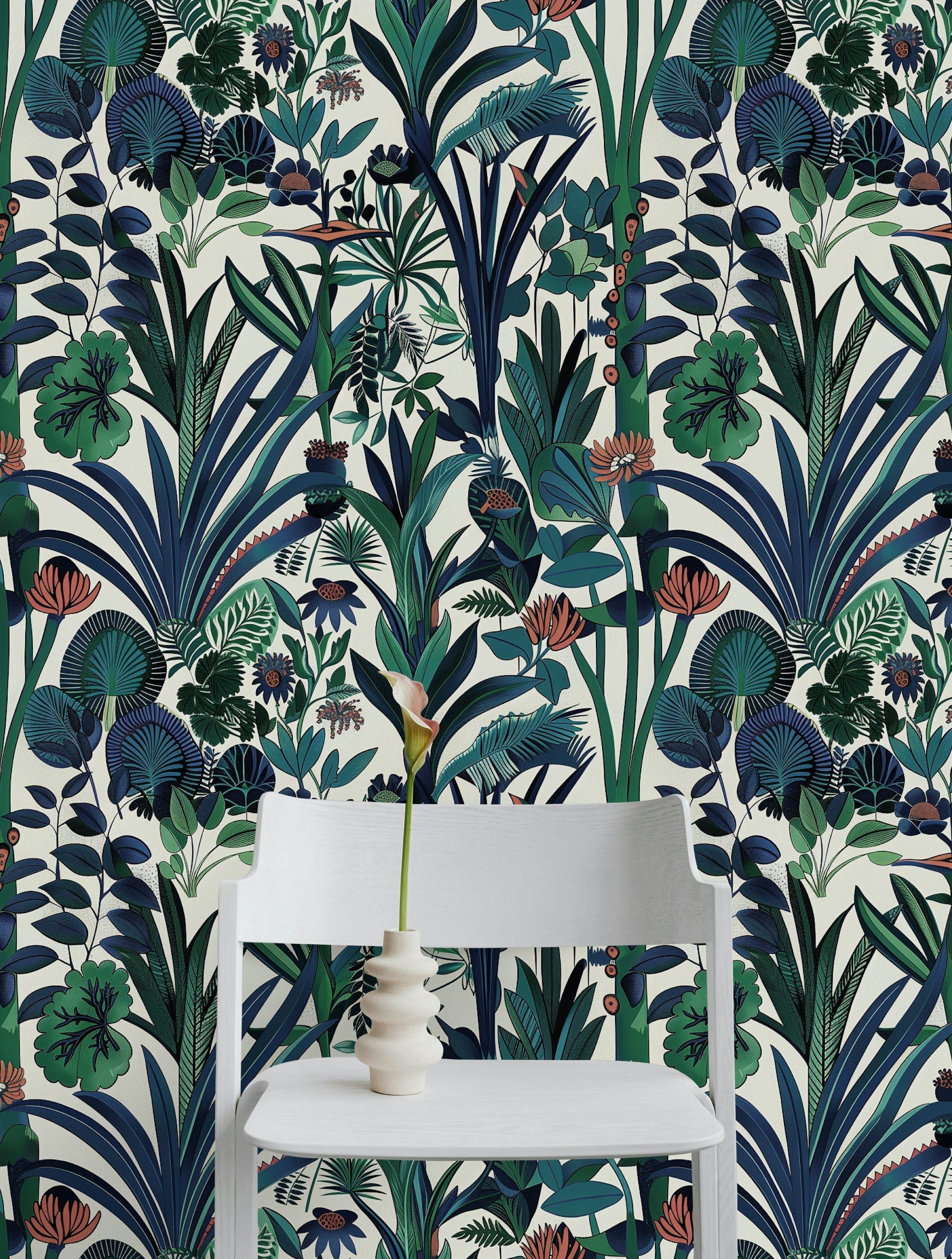 Cream and Green Bold Botanical Wallpaper