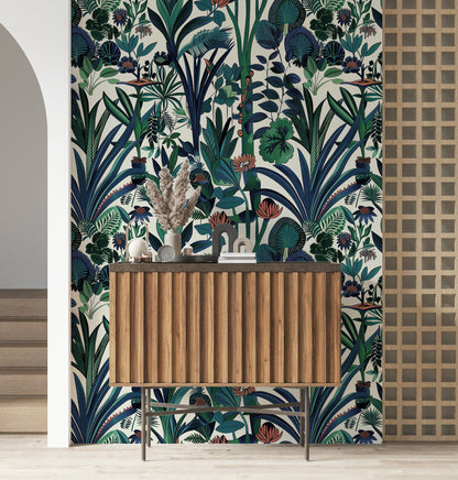 Cream and Green Bold Botanical Wallpaper