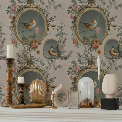 Vintage Beige Bird and Floral Motif Wallpaper